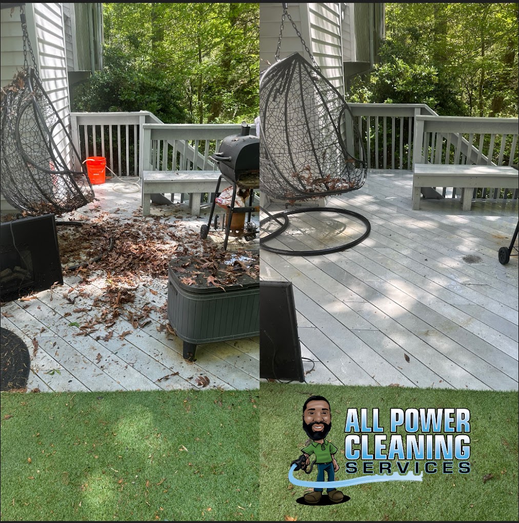 Deck cleaning before and after - dirty leaf-covered deck restored to clean wood