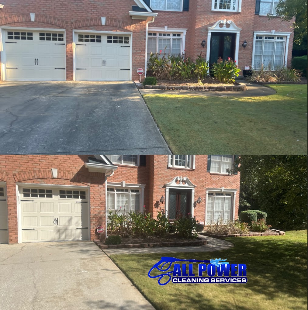 Driveway power washing before and after - dark stained driveway restored to clean concrete
