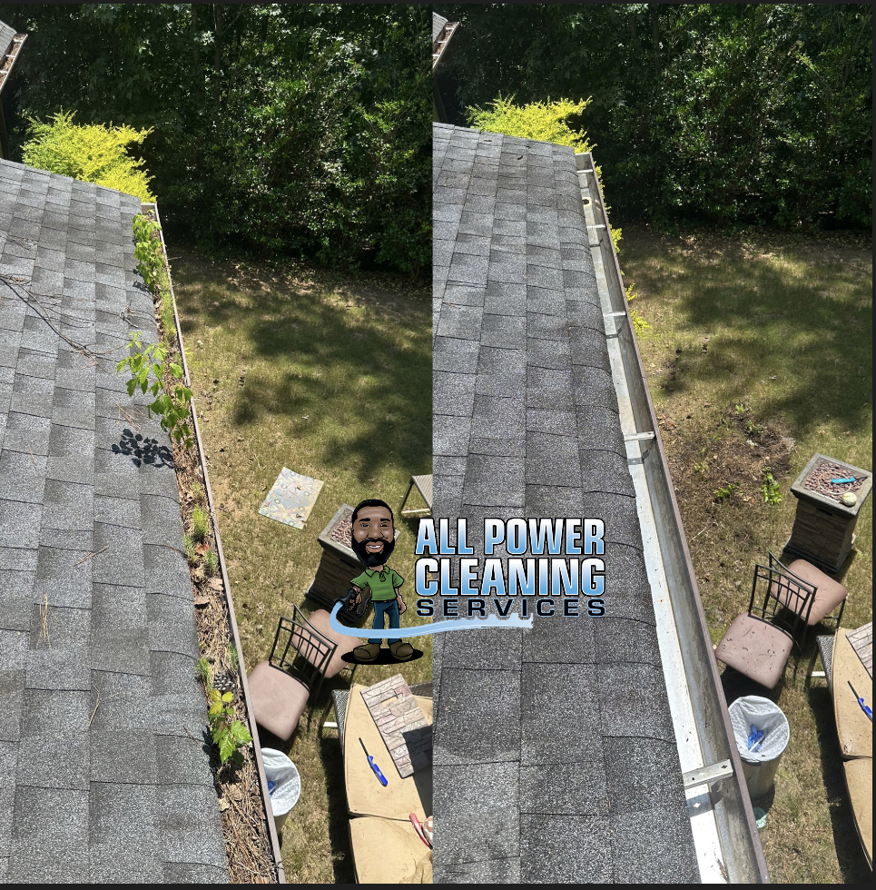 Gutter cleaning before and after - clogged gutters with debris cleaned out completely