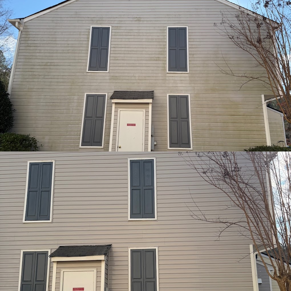 House siding soft wash before and after - dirty streaked siding restored to clean