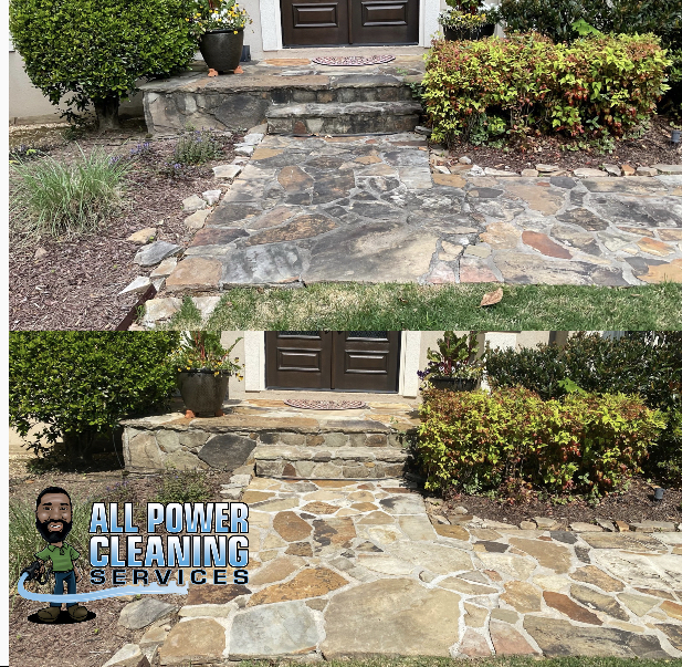 Stone entryway cleaning before and after - flagstone front entry restored