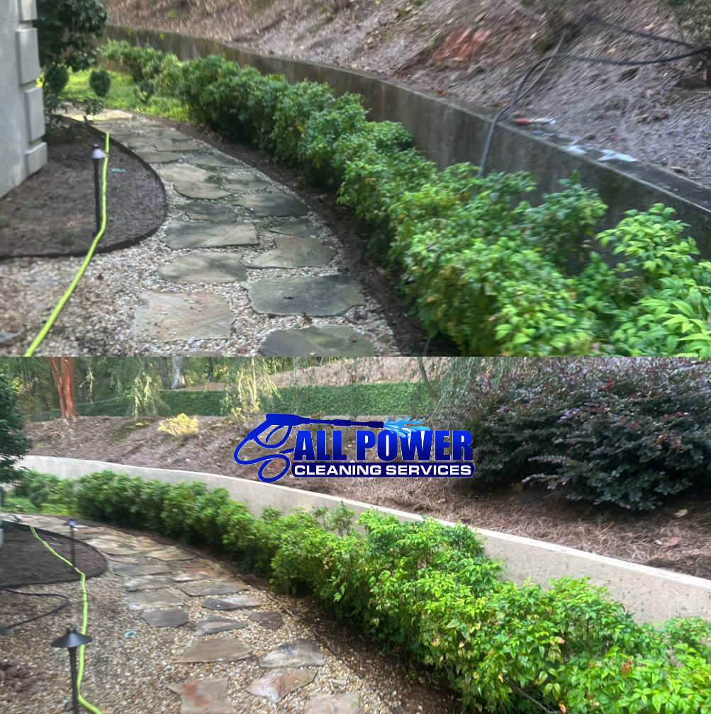 Stone walkway pressure washing before and after - algae and dirt removed from flagstone path